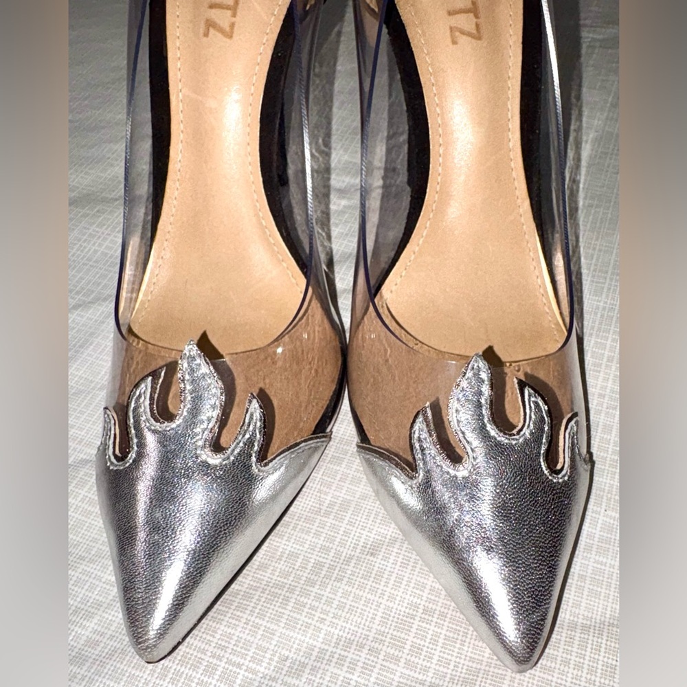 Schutz Den Flame Sz 7 Clear Panel Pointed-Toe Stiletto Pumps Silver Black suede - Picture 5 of 9